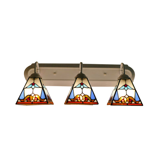 3 Head Wall Light Fixture Tiffany Pyramid Stained Glass Sconce Lighting in White Clearhalo 'Industrial' 'Middle century wall lights' 'Tiffany wall lights' 'Tiffany' 'Wall Lamps & Sconces' 'Wall Lights' Lighting' 173759