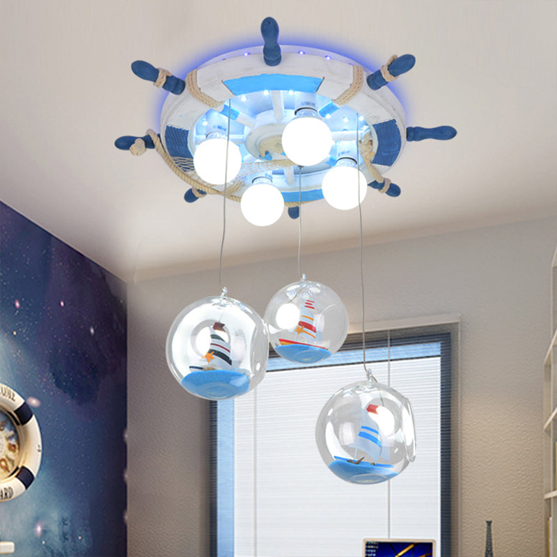 Nautical Blue Hanging Light with Ship Seven Lights Wood Pendant Light for Game Room Blue Clearhalo 'Ceiling Lights' 'Close To Ceiling Lights' 'Glass shade' 'Glass' 'Pendant Lights' 'Pendants' Lighting' 173777