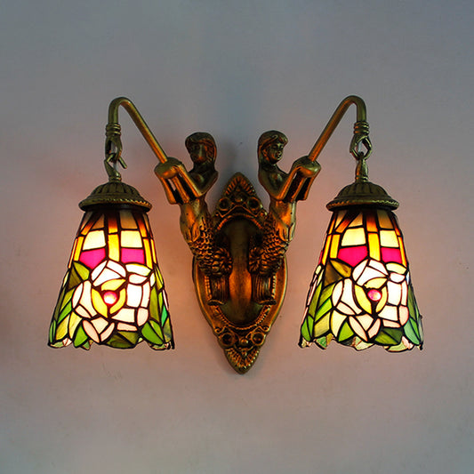 Flared Sconce Light Fixture 2 Heads Multicolor Stained Glass Tiffany Wall Mounted Light with Peacock Tail/Flower Pattern Brass Flower Clearhalo 'Industrial' 'Middle century wall lights' 'Tiffany wall lights' 'Tiffany' 'Wall Lamps & Sconces' 'Wall Lights' Lighting' 173782
