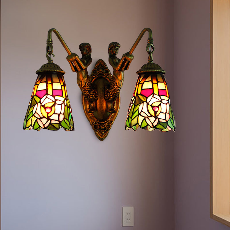 Flared Sconce Light Fixture 2 Heads Multicolor Stained Glass Tiffany Wall Mounted Light with Peacock Tail/Flower Pattern Clearhalo 'Industrial' 'Middle century wall lights' 'Tiffany wall lights' 'Tiffany' 'Wall Lamps & Sconces' 'Wall Lights' Lighting' 173783