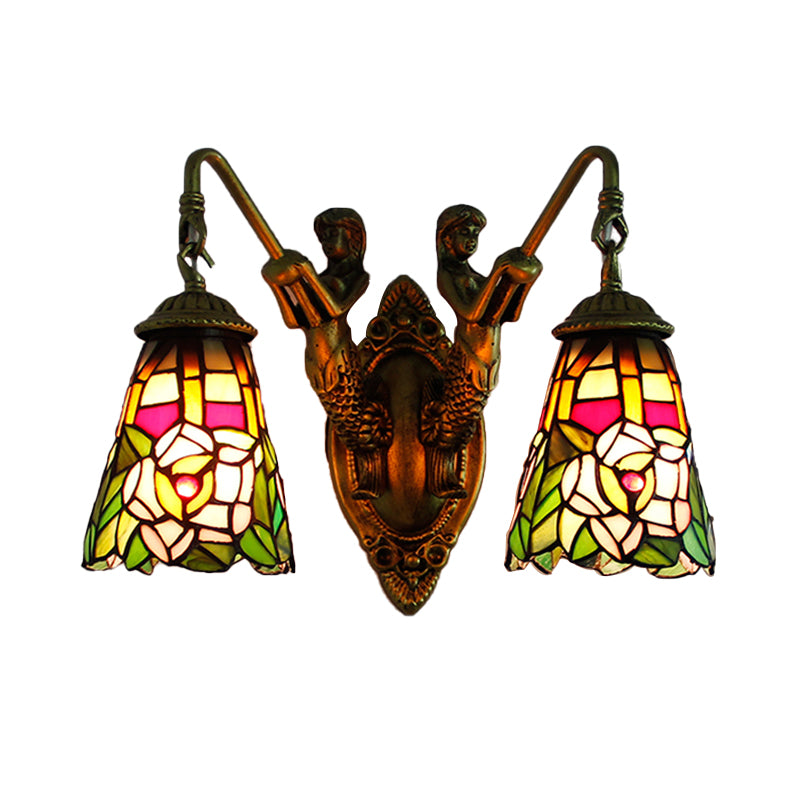Flared Sconce Light Fixture 2 Heads Multicolor Stained Glass Tiffany Wall Mounted Light with Peacock Tail/Flower Pattern Clearhalo 'Industrial' 'Middle century wall lights' 'Tiffany wall lights' 'Tiffany' 'Wall Lamps & Sconces' 'Wall Lights' Lighting' 173784