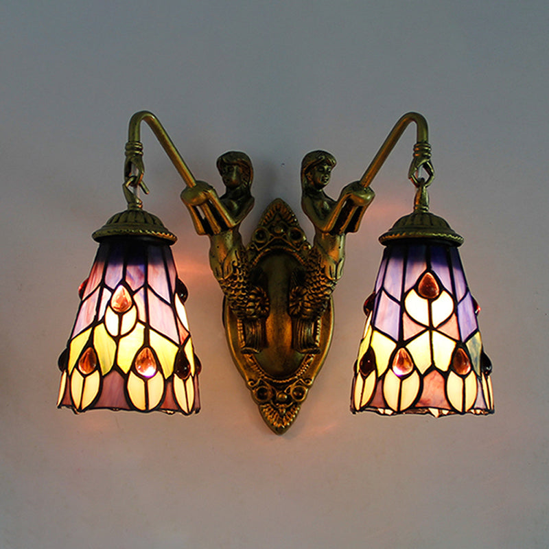 Flared Sconce Light Fixture 2 Heads Multicolor Stained Glass Tiffany Wall Mounted Light with Peacock Tail/Flower Pattern Brass Peacock Tail Clearhalo 'Industrial' 'Middle century wall lights' 'Tiffany wall lights' 'Tiffany' 'Wall Lamps & Sconces' 'Wall Lights' Lighting' 173786