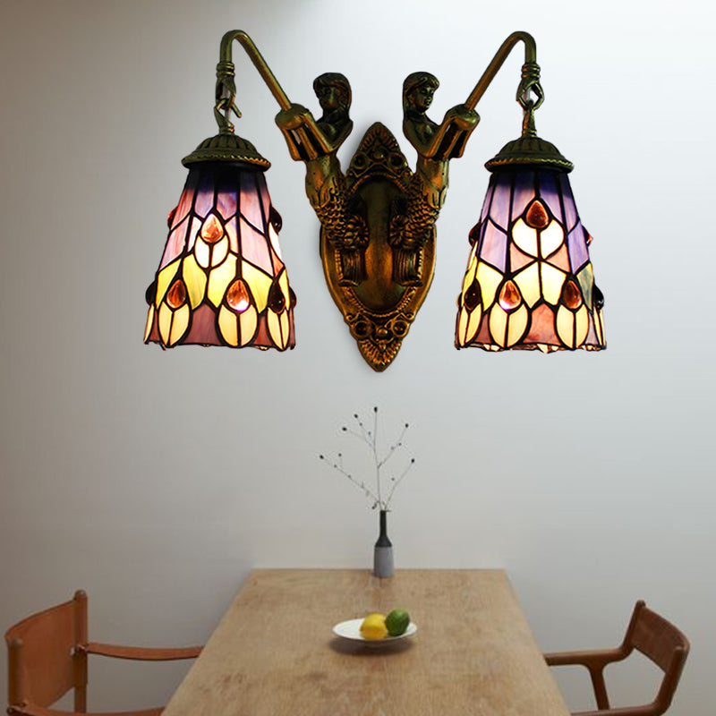 Flared Sconce Light Fixture 2 Heads Multicolor Stained Glass Tiffany Wall Mounted Light with Peacock Tail/Flower Pattern Clearhalo 'Industrial' 'Middle century wall lights' 'Tiffany wall lights' 'Tiffany' 'Wall Lamps & Sconces' 'Wall Lights' Lighting' 173787