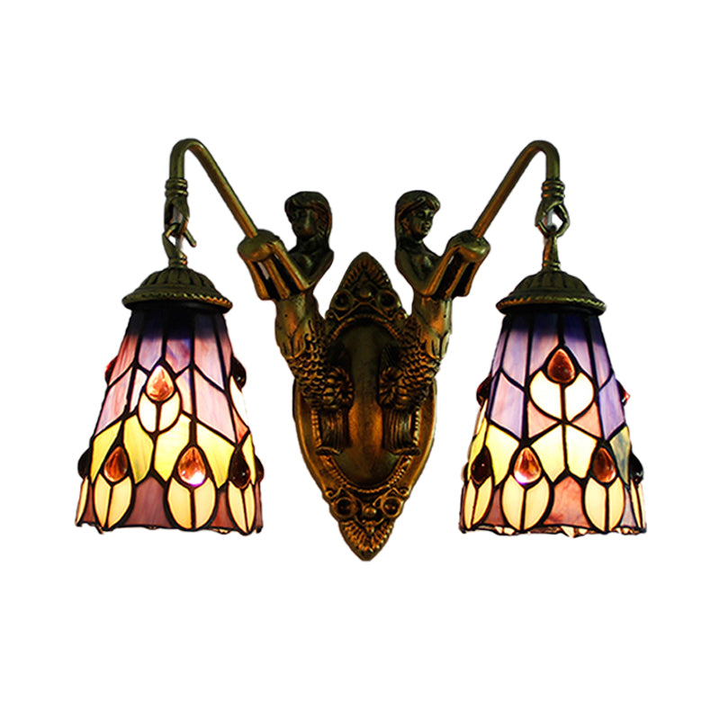 Flared Sconce Light Fixture 2 Heads Multicolor Stained Glass Tiffany Wall Mounted Light with Peacock Tail/Flower Pattern Clearhalo 'Industrial' 'Middle century wall lights' 'Tiffany wall lights' 'Tiffany' 'Wall Lamps & Sconces' 'Wall Lights' Lighting' 173788