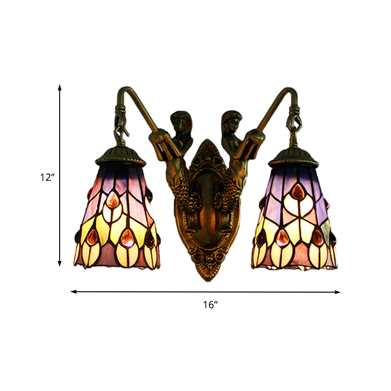Flared Sconce Light Fixture 2 Heads Multicolor Stained Glass Tiffany Wall Mounted Light with Peacock Tail/Flower Pattern Clearhalo 'Industrial' 'Middle century wall lights' 'Tiffany wall lights' 'Tiffany' 'Wall Lamps & Sconces' 'Wall Lights' Lighting' 173789