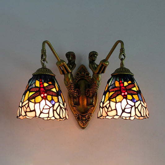 2 Heads Dragonfly Wall Mounted Light Baroque Brass Multicolor Stained Glass Sconce Light Brass Clearhalo 'Industrial' 'Middle century wall lights' 'Tiffany wall lights' 'Tiffany' 'Wall Lamps & Sconces' 'Wall Lights' Lighting' 173790