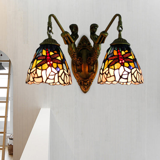 2 Heads Dragonfly Wall Mounted Light Baroque Brass Multicolor Stained Glass Sconce Light Clearhalo 'Industrial' 'Middle century wall lights' 'Tiffany wall lights' 'Tiffany' 'Wall Lamps & Sconces' 'Wall Lights' Lighting' 173791