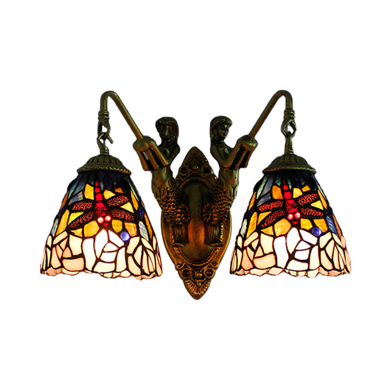 2 Heads Dragonfly Wall Mounted Light Baroque Brass Multicolor Stained Glass Sconce Light Clearhalo 'Industrial' 'Middle century wall lights' 'Tiffany wall lights' 'Tiffany' 'Wall Lamps & Sconces' 'Wall Lights' Lighting' 173792