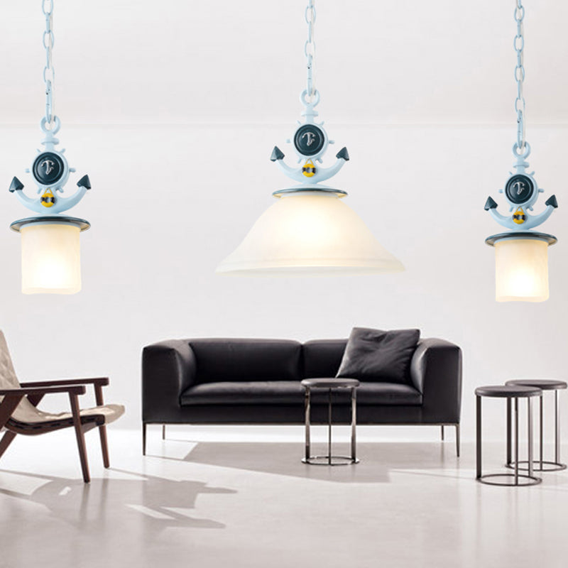 Restaurant Cafe Pendant Lighting Metal & Frosted Glass Nautical Style Hanging Lamp in Blue Clearhalo 'Ceiling Lights' 'Close To Ceiling Lights' 'Glass shade' 'Glass' 'Pendant Lights' 'Pendants' Lighting' 173824