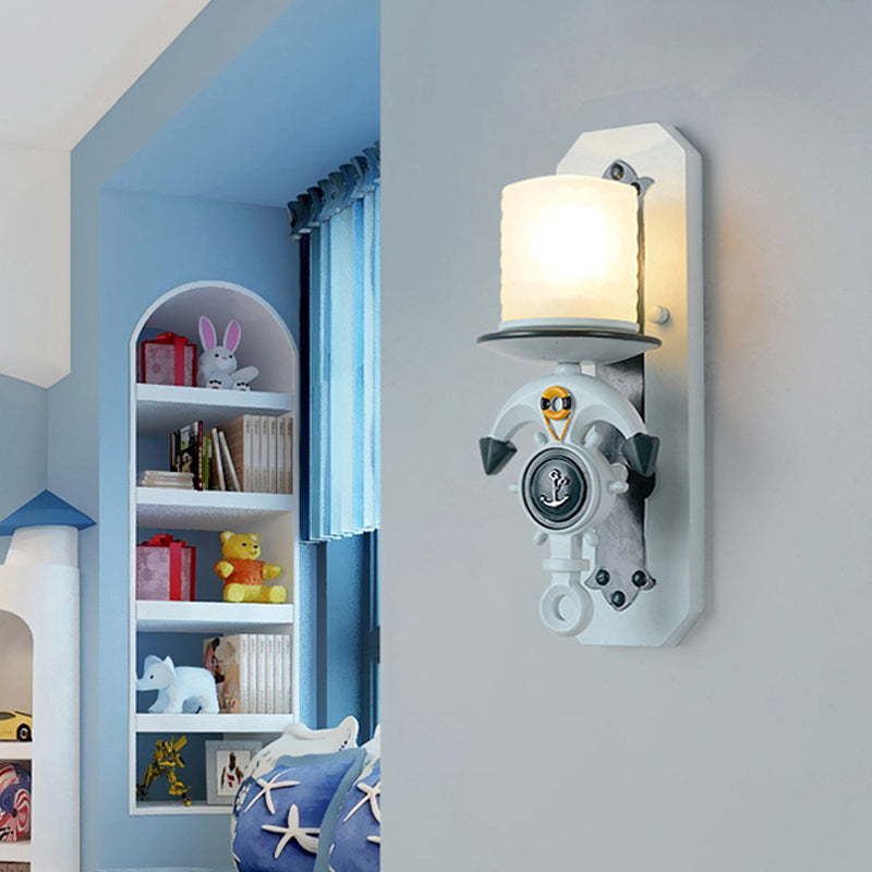 Milk Glass Cylinder Wall Light with Anchor Deco Front Door Antique Style Sconce Light in Blue 1.0 Blue Clearhalo 'Wall Lamps & Sconces' 'Wall Lights' Lighting' 173832