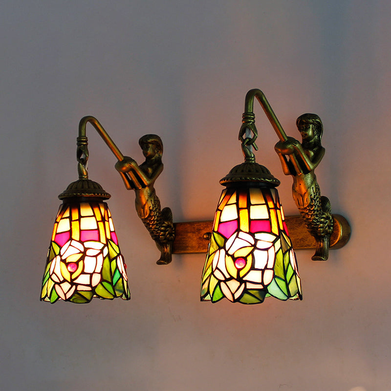Tiffany Flared Wall Mount Light Multicolor Stained Glass 2 Heads Hallway with Peacock Tail/Flower Pattern Brass Flower Clearhalo 'Industrial' 'Middle century wall lights' 'Tiffany wall lights' 'Tiffany' 'Wall Lamps & Sconces' 'Wall Lights' Lighting' 173866