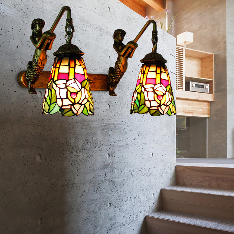 Tiffany Flared Wall Mount Light Multicolor Stained Glass 2 Heads Hallway with Peacock Tail/Flower Pattern Clearhalo 'Industrial' 'Middle century wall lights' 'Tiffany wall lights' 'Tiffany' 'Wall Lamps & Sconces' 'Wall Lights' Lighting' 173867
