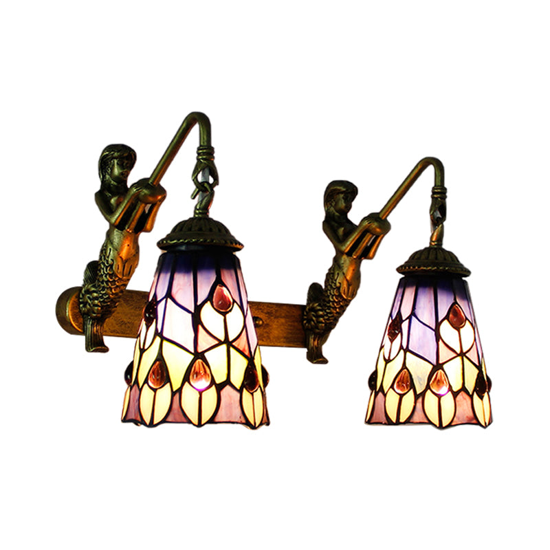 Tiffany Flared Wall Mount Light Multicolor Stained Glass 2 Heads Hallway with Peacock Tail/Flower Pattern Clearhalo 'Industrial' 'Middle century wall lights' 'Tiffany wall lights' 'Tiffany' 'Wall Lamps & Sconces' 'Wall Lights' Lighting' 173872