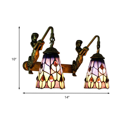 Tiffany Flared Wall Mount Light Multicolor Stained Glass 2 Heads Hallway with Peacock Tail/Flower Pattern Clearhalo 'Industrial' 'Middle century wall lights' 'Tiffany wall lights' 'Tiffany' 'Wall Lamps & Sconces' 'Wall Lights' Lighting' 173873