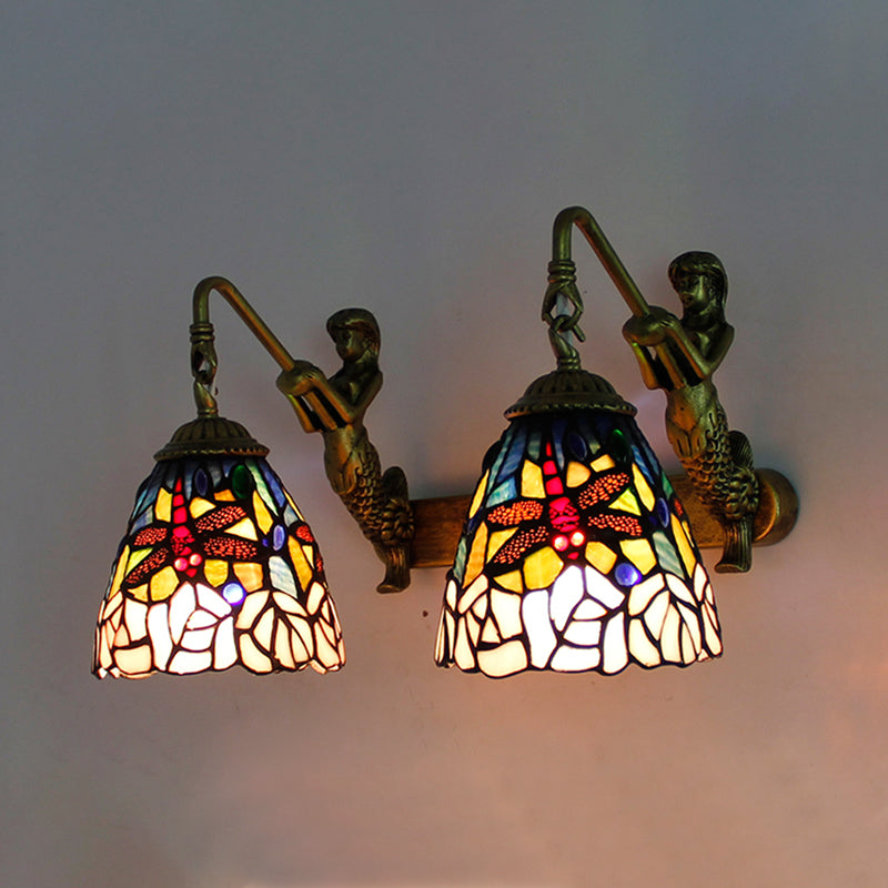 Dragonfly Stained Glass Wall Mount Light Baroque 2 Heads Pink Sconce Lighting for Bedroom Pink Clearhalo 'Industrial' 'Middle century wall lights' 'Tiffany wall lights' 'Tiffany' 'Wall Lamps & Sconces' 'Wall Lights' Lighting' 173878