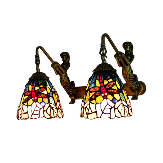 Dragonfly Stained Glass Wall Mount Light Baroque 2 Heads Pink Sconce Lighting for Bedroom Clearhalo 'Industrial' 'Middle century wall lights' 'Tiffany wall lights' 'Tiffany' 'Wall Lamps & Sconces' 'Wall Lights' Lighting' 173880