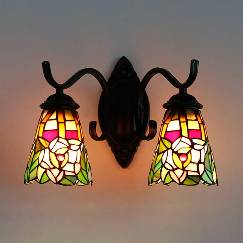 2 Heads Floral Wall Mount Light Fixture Victorian Black Stained Glass Sconce Lighting Black Clearhalo 'Cast Iron' 'Glass' 'Industrial' 'Middle century wall lights' 'Modern' 'Tiffany wall lights' 'Tiffany' 'Traditional wall lights' 'Wall Lamps & Sconces' 'Wall Lights' Lighting' 173882