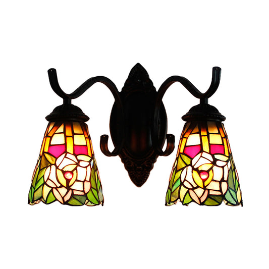 2 Heads Floral Wall Mount Light Fixture Victorian Black Stained Glass Sconce Lighting Clearhalo 'Cast Iron' 'Glass' 'Industrial' 'Middle century wall lights' 'Modern' 'Tiffany wall lights' 'Tiffany' 'Traditional wall lights' 'Wall Lamps & Sconces' 'Wall Lights' Lighting' 173884