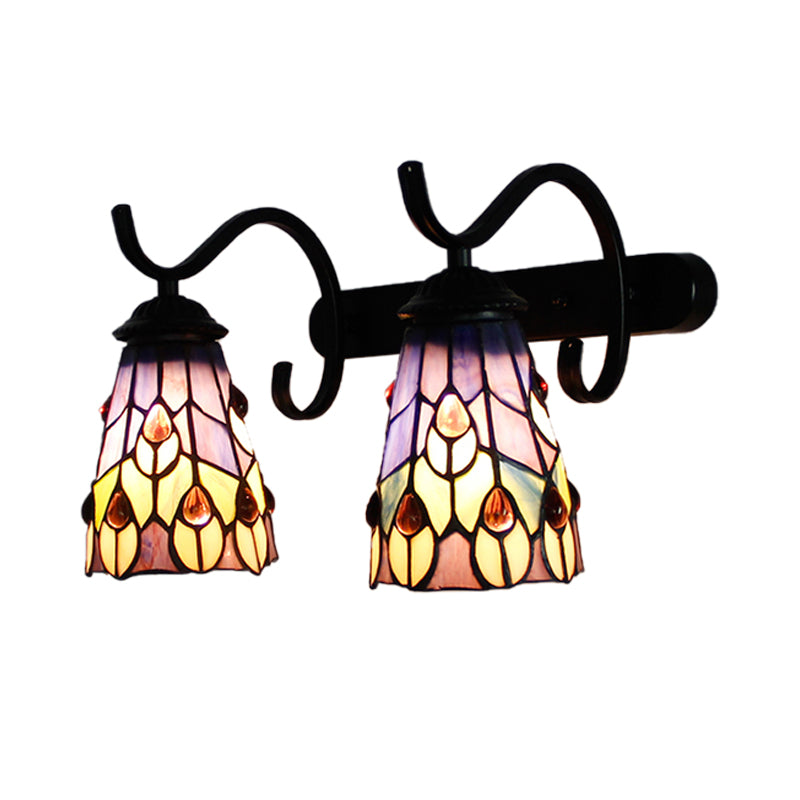 2 Heads Cone Wall Mount Light with Peacock Tail/Flower Stained Glass Rustic Wall Sconce Lamp with Linear Backplate in Black Clearhalo 'Industrial' 'Middle century wall lights' 'Tiffany wall lights' 'Tiffany' 'Wall Lamps & Sconces' 'Wall Lights' Lighting' 173894
