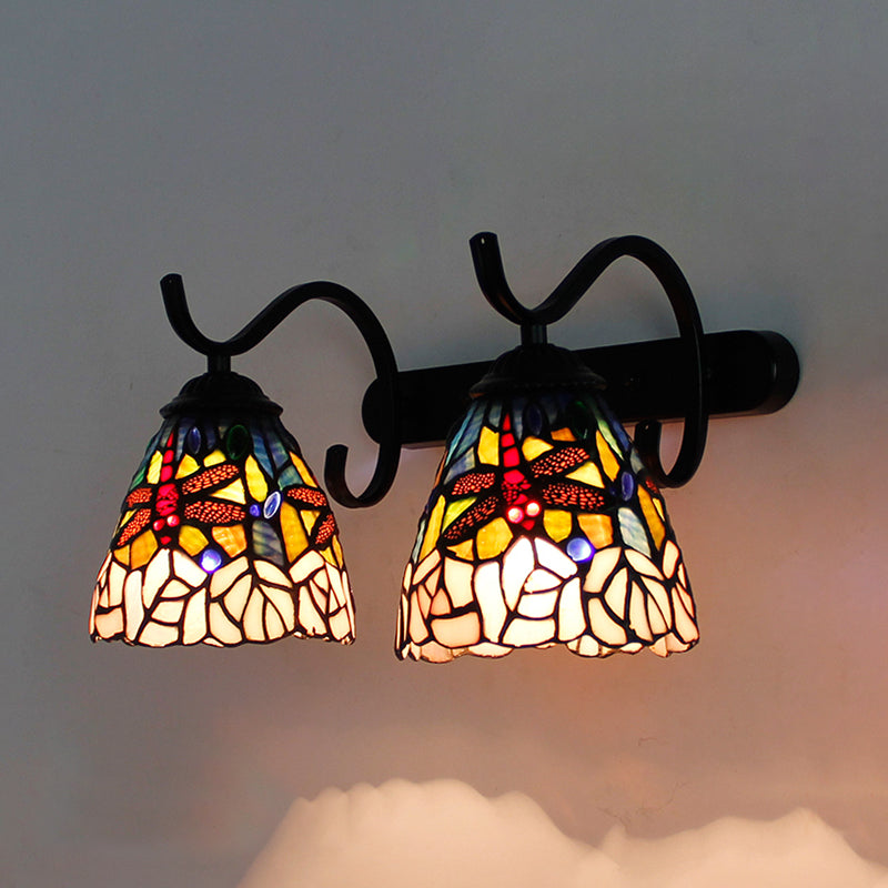 Country Style Dragonfly Wall Lighting Stained Glass Double Sconce Light with Curved Arm in Black Black Clearhalo 'Industrial' 'Middle century wall lights' 'Tiffany wall lights' 'Tiffany' 'Wall Lamps & Sconces' 'Wall Lights' Lighting' 173900