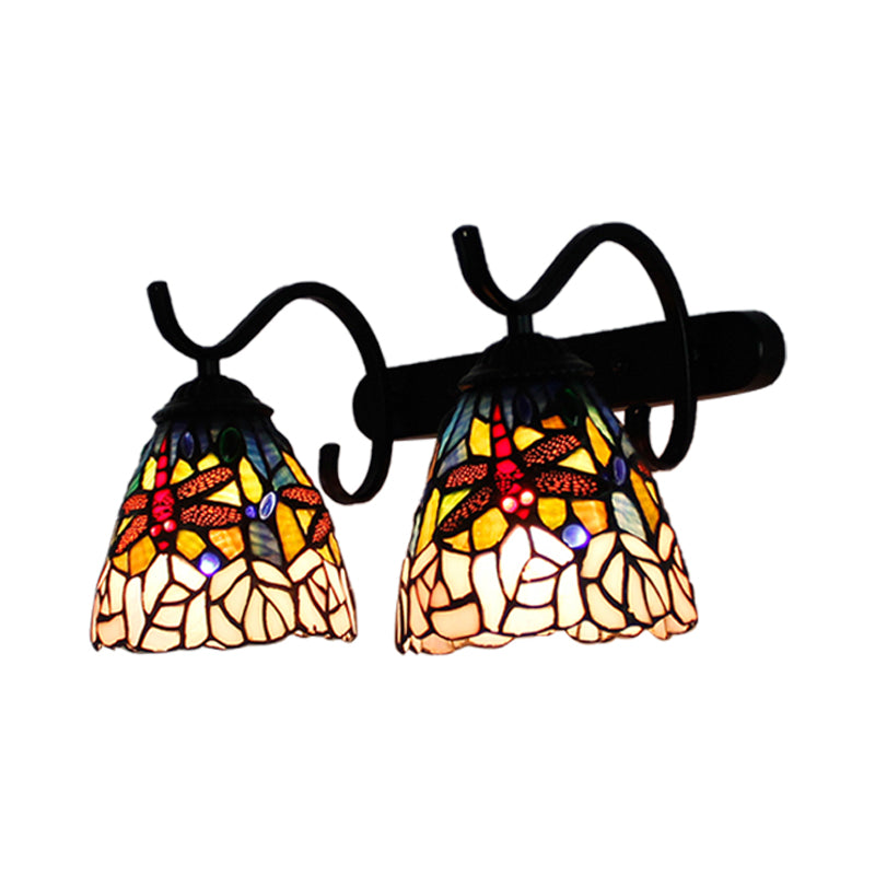 Country Style Dragonfly Wall Lighting Stained Glass Double Sconce Light with Curved Arm in Black Clearhalo 'Industrial' 'Middle century wall lights' 'Tiffany wall lights' 'Tiffany' 'Wall Lamps & Sconces' 'Wall Lights' Lighting' 173902