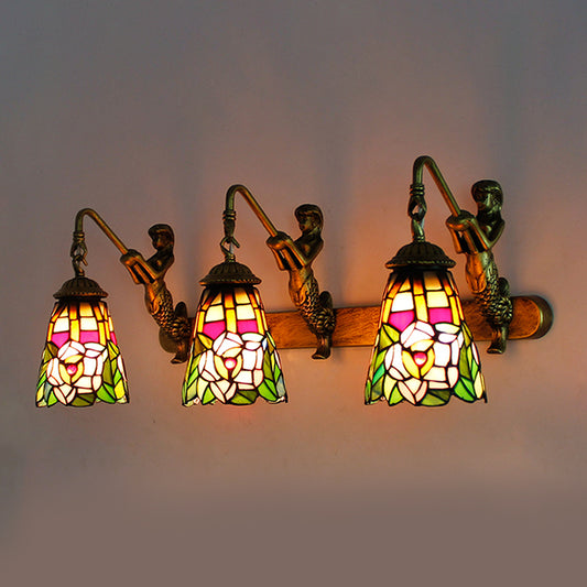 Flared Wall Mounted Light Tiffany Stained Glass 3 Heads Brass Sconce Light Fixture with Peacock Tail/Flower Pattern Brass Flower Clearhalo 'Industrial' 'Middle century wall lights' 'Tiffany wall lights' 'Tiffany' 'Wall Lamps & Sconces' 'Wall Lights' Lighting' 173904