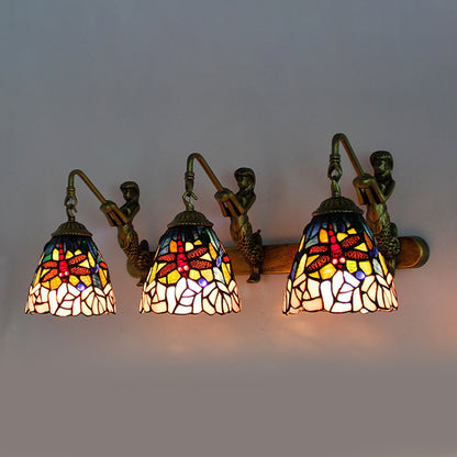 Brass Dragonfly Wall Light Fixture Tiffany 3 Heads Stained Glass Sconce Light with Mermaid Decoration Brass Clearhalo 'Industrial' 'Middle century wall lights' 'Tiffany wall lights' 'Tiffany' 'Wall Lamps & Sconces' 'Wall Lights' Lighting' 173944