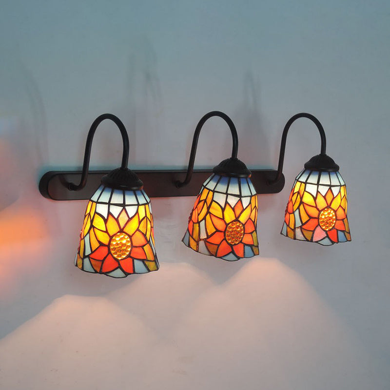 Bell Wall Mount Light Tiffany Orange Red Glass 3 Heads Black Sconce Light with Sunflower Pattern Orange Red Clearhalo 'Industrial' 'Middle century wall lights' 'Tiffany wall lights' 'Tiffany' 'Wall Lamps & Sconces' 'Wall Lights' Lighting' 173956