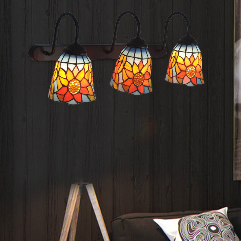 Bell Wall Mount Light Tiffany Orange Red Glass 3 Heads Black Sconce Light with Sunflower Pattern Clearhalo 'Industrial' 'Middle century wall lights' 'Tiffany wall lights' 'Tiffany' 'Wall Lamps & Sconces' 'Wall Lights' Lighting' 173957