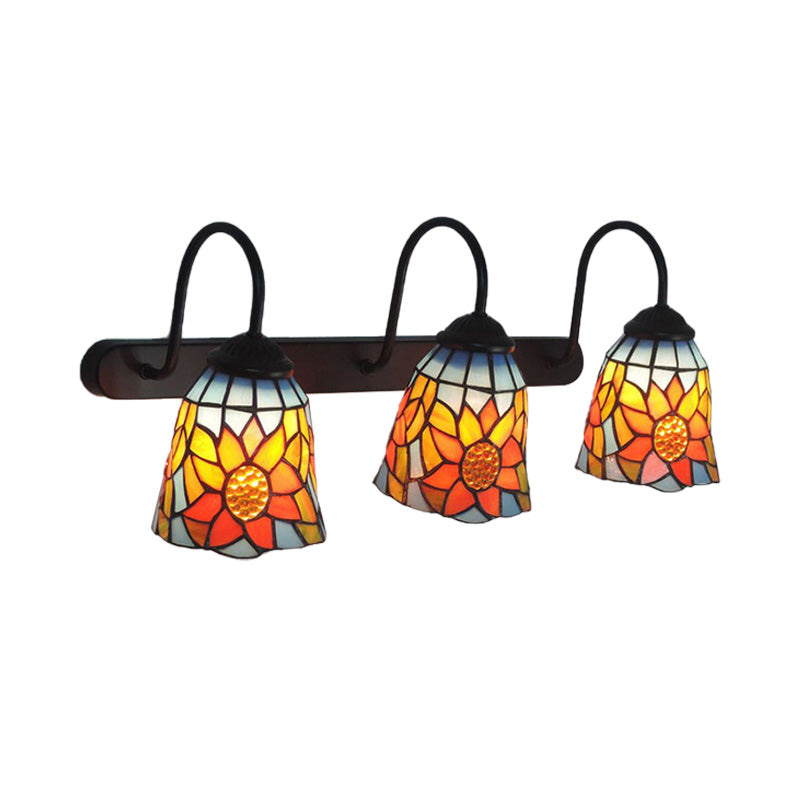 Bell Wall Mount Light Tiffany Orange Red Glass 3 Heads Black Sconce Light with Sunflower Pattern Clearhalo 'Industrial' 'Middle century wall lights' 'Tiffany wall lights' 'Tiffany' 'Wall Lamps & Sconces' 'Wall Lights' Lighting' 173958