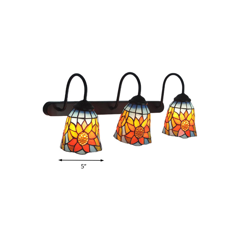 Bell Wall Mount Light Tiffany Orange Red Glass 3 Heads Black Sconce Light with Sunflower Pattern Clearhalo 'Industrial' 'Middle century wall lights' 'Tiffany wall lights' 'Tiffany' 'Wall Lamps & Sconces' 'Wall Lights' Lighting' 173959
