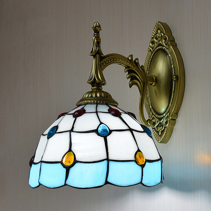 Stained Glass Dome Wall Light Fixture with Colorful Bead Tiffany 1 Head Sconce Lamp in Pink/Orange/Green/Blue Blue Clearhalo 'Industrial' 'Middle century wall lights' 'Tiffany wall lights' 'Tiffany' 'Wall Lamps & Sconces' 'Wall Lights' Lighting' 173995