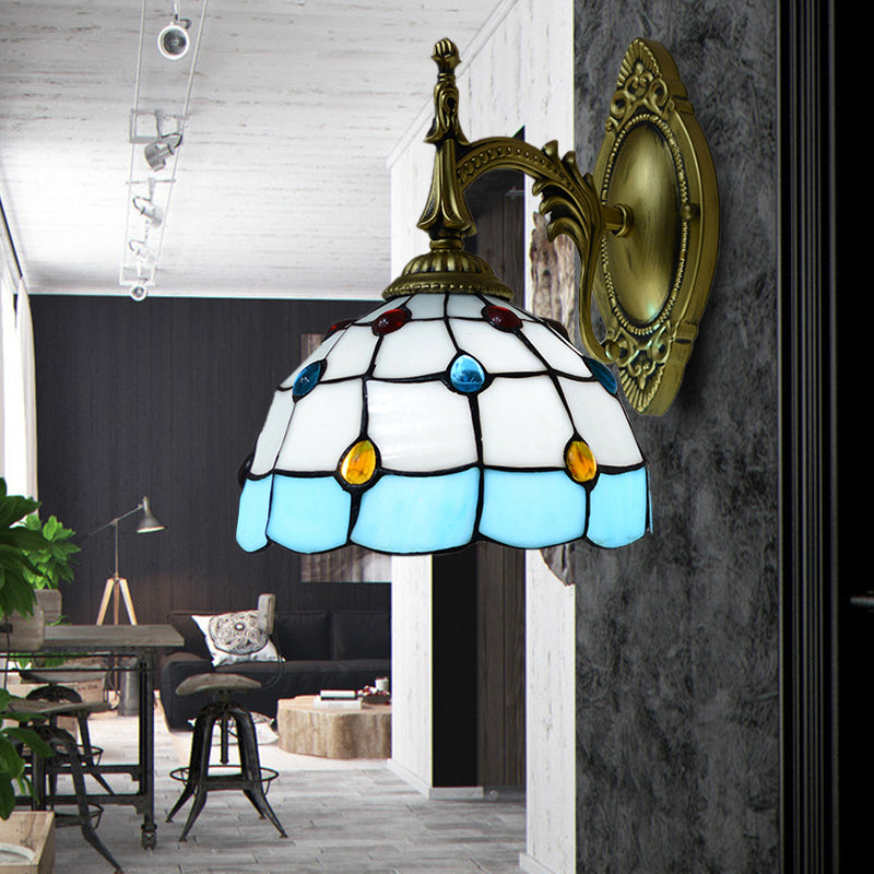 Stained Glass Dome Wall Light Fixture with Colorful Bead Tiffany 1 Head Sconce Lamp in Pink/Orange/Green/Blue Clearhalo 'Industrial' 'Middle century wall lights' 'Tiffany wall lights' 'Tiffany' 'Wall Lamps & Sconces' 'Wall Lights' Lighting' 173996