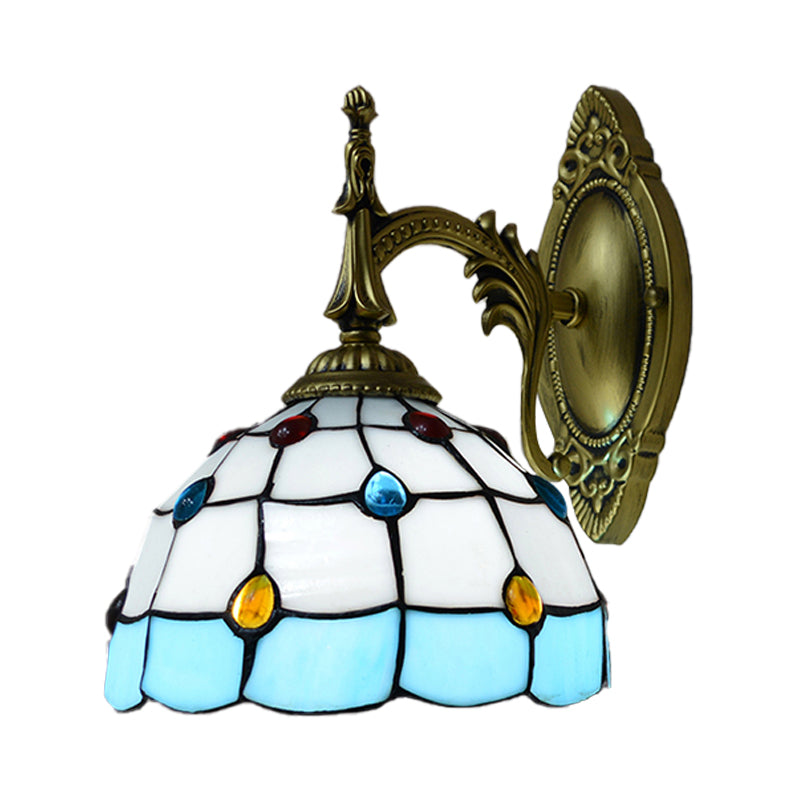 Stained Glass Dome Wall Light Fixture with Colorful Bead Tiffany 1 Head Sconce Lamp in Pink/Orange/Green/Blue Clearhalo 'Industrial' 'Middle century wall lights' 'Tiffany wall lights' 'Tiffany' 'Wall Lamps & Sconces' 'Wall Lights' Lighting' 173997