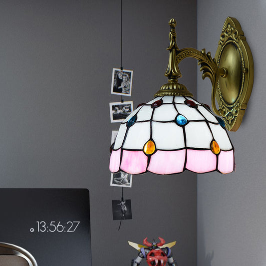 Stained Glass Dome Wall Light Fixture with Colorful Bead Tiffany 1 Head Sconce Lamp in Pink/Orange/Green/Blue Clearhalo 'Industrial' 'Middle century wall lights' 'Tiffany wall lights' 'Tiffany' 'Wall Lamps & Sconces' 'Wall Lights' Lighting' 174000