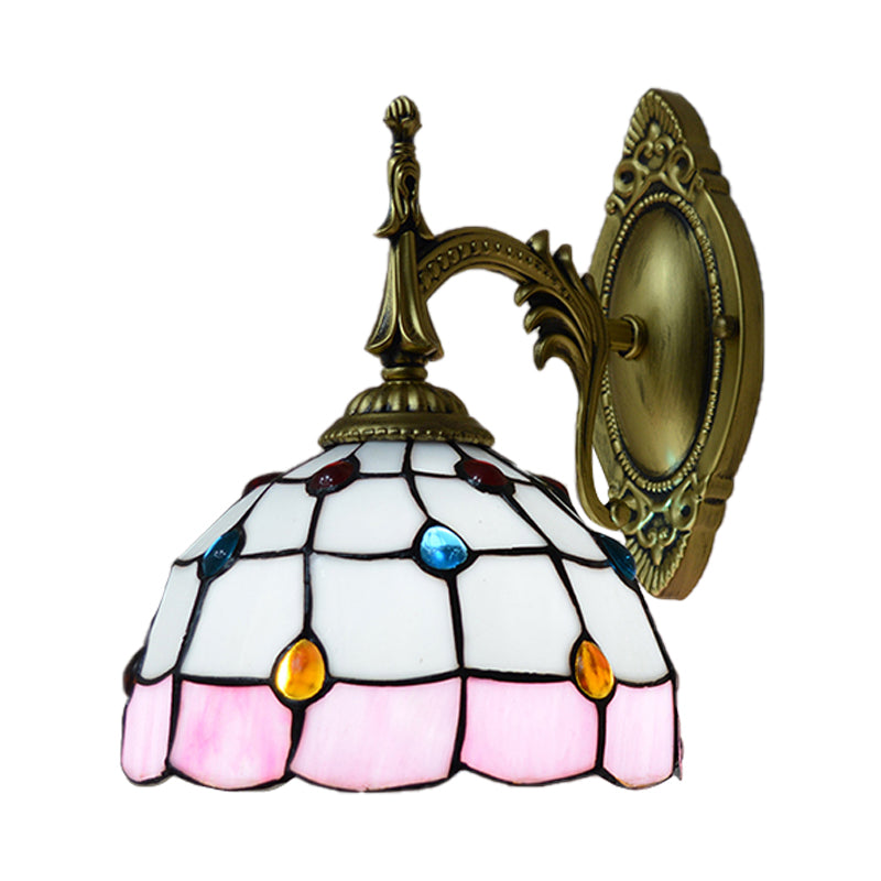 Stained Glass Dome Wall Light Fixture with Colorful Bead Tiffany 1 Head Sconce Lamp in Pink/Orange/Green/Blue Clearhalo 'Industrial' 'Middle century wall lights' 'Tiffany wall lights' 'Tiffany' 'Wall Lamps & Sconces' 'Wall Lights' Lighting' 174001