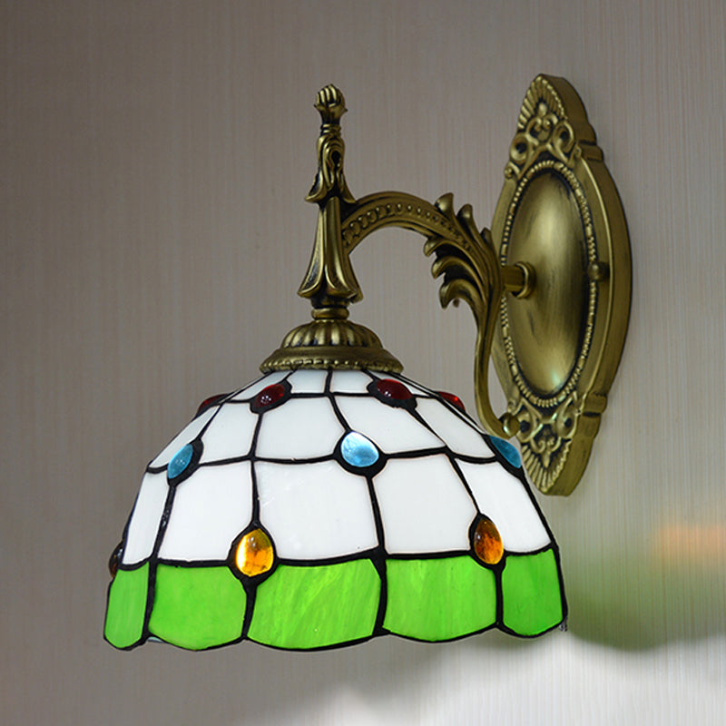 Stained Glass Dome Wall Light Fixture with Colorful Bead Tiffany 1 Head Sconce Lamp in Pink/Orange/Green/Blue Green Clearhalo 'Industrial' 'Middle century wall lights' 'Tiffany wall lights' 'Tiffany' 'Wall Lamps & Sconces' 'Wall Lights' Lighting' 174002
