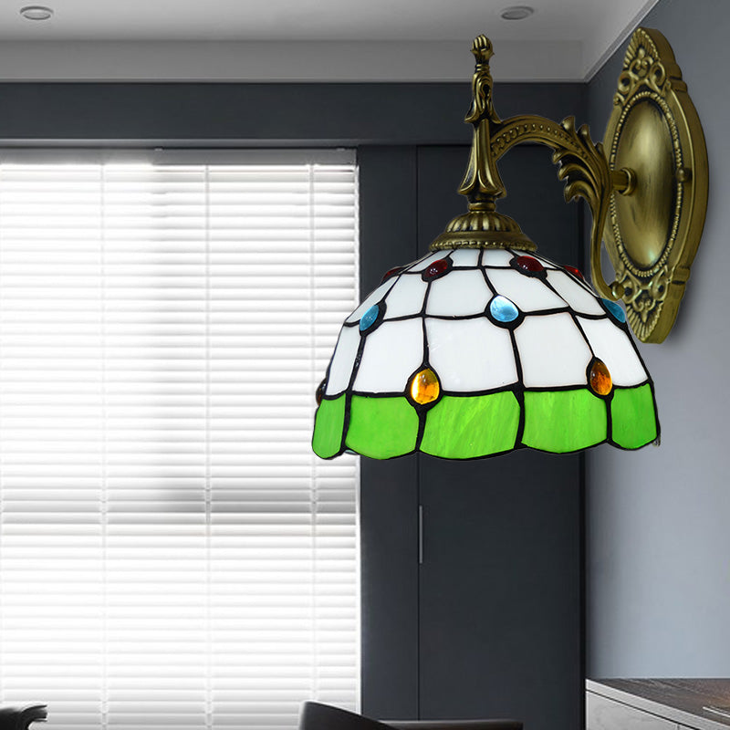 Stained Glass Dome Wall Light Fixture with Colorful Bead Tiffany 1 Head Sconce Lamp in Pink/Orange/Green/Blue Clearhalo 'Industrial' 'Middle century wall lights' 'Tiffany wall lights' 'Tiffany' 'Wall Lamps & Sconces' 'Wall Lights' Lighting' 174003