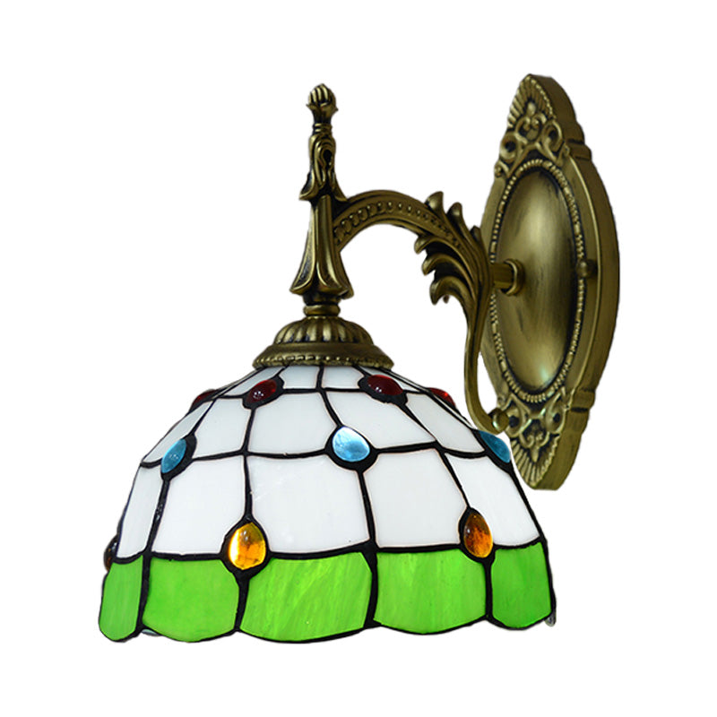 Stained Glass Dome Wall Light Fixture with Colorful Bead Tiffany 1 Head Sconce Lamp in Pink/Orange/Green/Blue Clearhalo 'Industrial' 'Middle century wall lights' 'Tiffany wall lights' 'Tiffany' 'Wall Lamps & Sconces' 'Wall Lights' Lighting' 174004