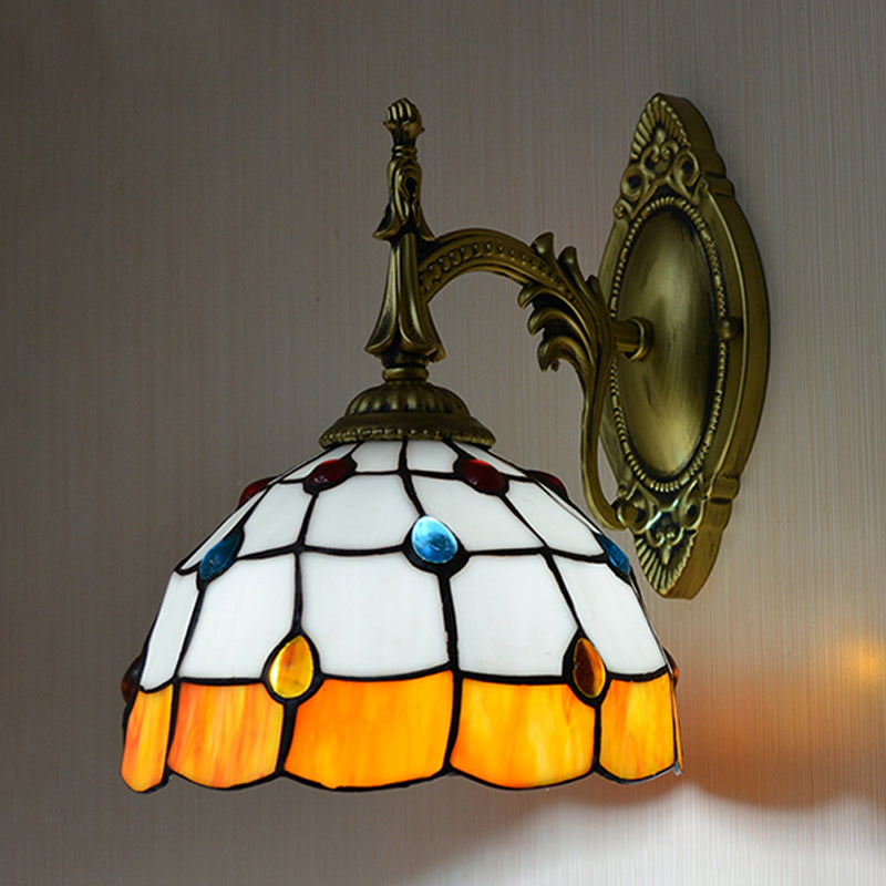Stained Glass Dome Wall Light Fixture with Colorful Bead Tiffany 1 Head Sconce Lamp in Pink/Orange/Green/Blue Orange Clearhalo 'Industrial' 'Middle century wall lights' 'Tiffany wall lights' 'Tiffany' 'Wall Lamps & Sconces' 'Wall Lights' Lighting' 174005