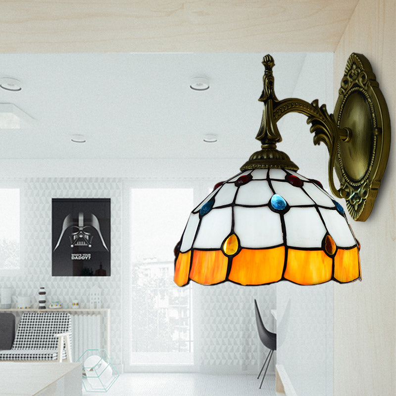 Stained Glass Dome Wall Light Fixture with Colorful Bead Tiffany 1 Head Sconce Lamp in Pink/Orange/Green/Blue Clearhalo 'Industrial' 'Middle century wall lights' 'Tiffany wall lights' 'Tiffany' 'Wall Lamps & Sconces' 'Wall Lights' Lighting' 174006