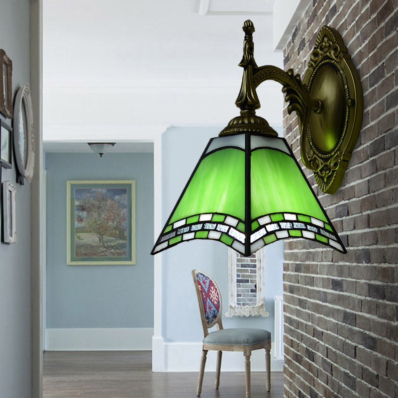 Tiffany Pyramid Sconce Lamp Stained Glass 1 Light Wall Lighting in Green/Blue/Yellow for Bedroom Clearhalo 'Industrial' 'Middle century wall lights' 'Tiffany wall lights' 'Tiffany' 'Wall Lamps & Sconces' 'Wall Lights' Lighting' 174040