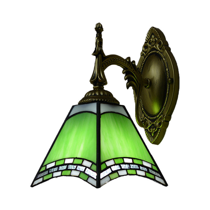 Tiffany Pyramid Sconce Lamp Stained Glass 1 Light Wall Lighting in Green/Blue/Yellow for Bedroom Clearhalo 'Industrial' 'Middle century wall lights' 'Tiffany wall lights' 'Tiffany' 'Wall Lamps & Sconces' 'Wall Lights' Lighting' 174041