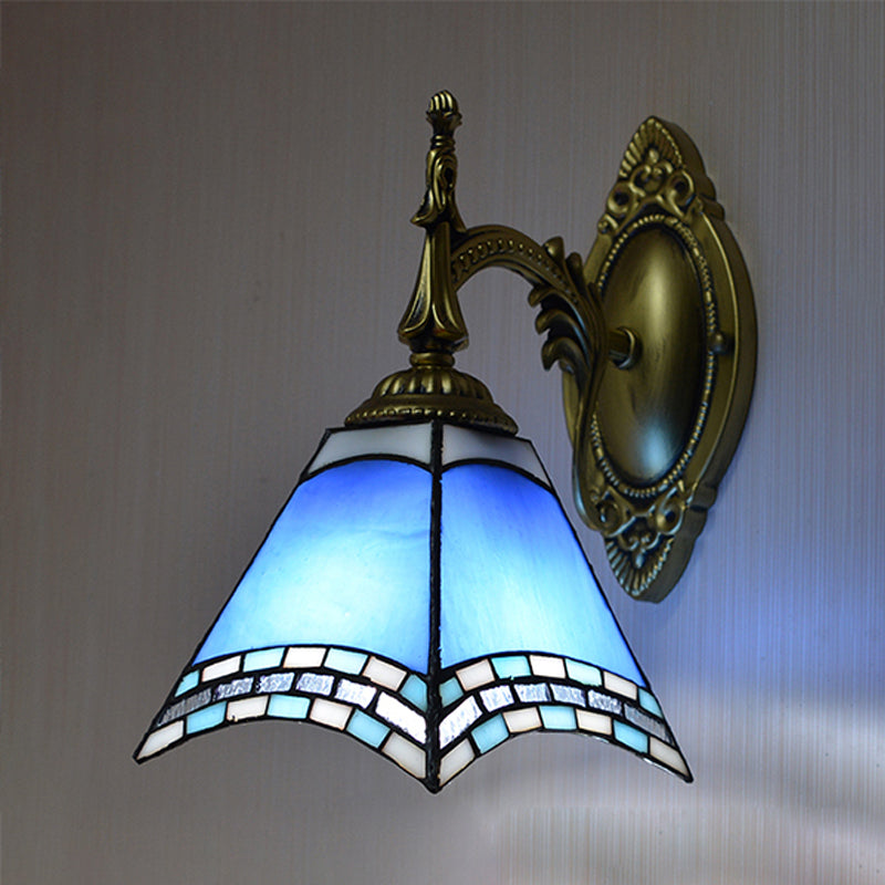 Tiffany Pyramid Sconce Lamp Stained Glass 1 Light Wall Lighting in Green/Blue/Yellow for Bedroom Blue Clearhalo 'Industrial' 'Middle century wall lights' 'Tiffany wall lights' 'Tiffany' 'Wall Lamps & Sconces' 'Wall Lights' Lighting' 174043