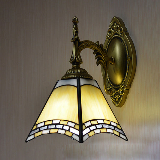 Tiffany Pyramid Sconce Lamp Stained Glass 1 Light Wall Lighting in Green/Blue/Yellow for Bedroom Yellow Clearhalo 'Industrial' 'Middle century wall lights' 'Tiffany wall lights' 'Tiffany' 'Wall Lamps & Sconces' 'Wall Lights' Lighting' 174046