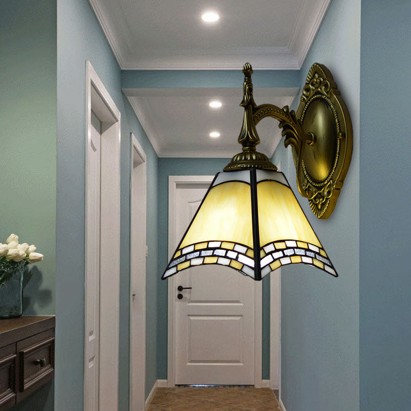 Tiffany Pyramid Sconce Lamp Stained Glass 1 Light Wall Lighting in Green/Blue/Yellow for Bedroom Clearhalo 'Industrial' 'Middle century wall lights' 'Tiffany wall lights' 'Tiffany' 'Wall Lamps & Sconces' 'Wall Lights' Lighting' 174047