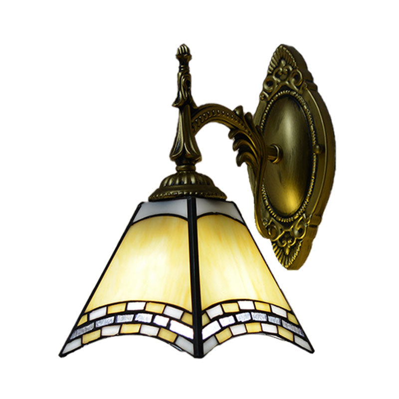 Tiffany Pyramid Sconce Lamp Stained Glass 1 Light Wall Lighting in Green/Blue/Yellow for Bedroom Clearhalo 'Industrial' 'Middle century wall lights' 'Tiffany wall lights' 'Tiffany' 'Wall Lamps & Sconces' 'Wall Lights' Lighting' 174048