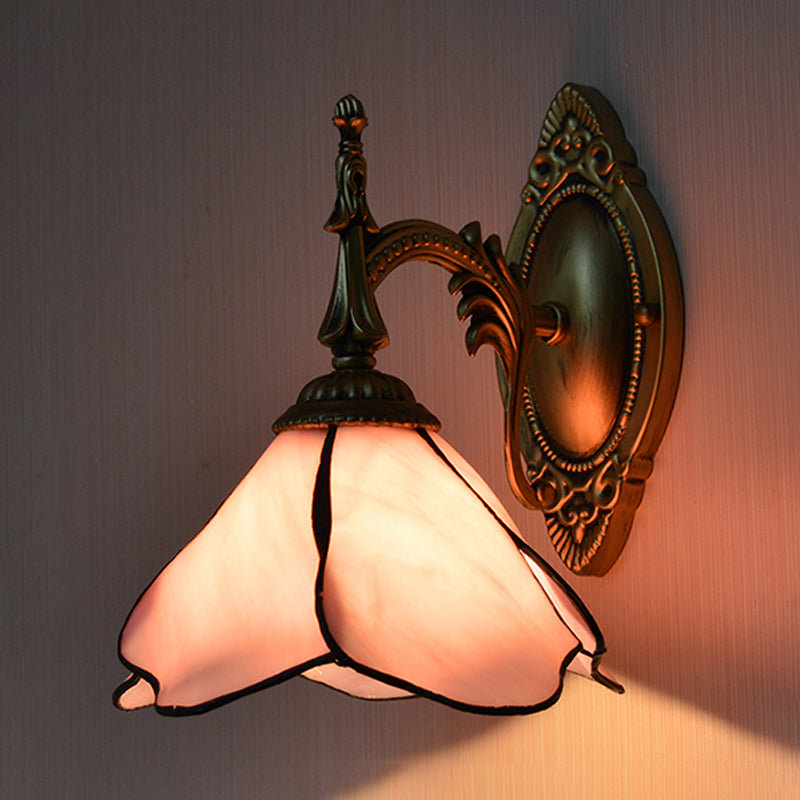Pink Flower Wall Sconce Lamp Country Stained Glass 1 Light Wall Lamp for Bedroom Clearhalo 'Industrial' 'Middle century wall lights' 'Tiffany wall lights' 'Tiffany' 'Wall Lamps & Sconces' 'Wall Lights' Lighting' 174049