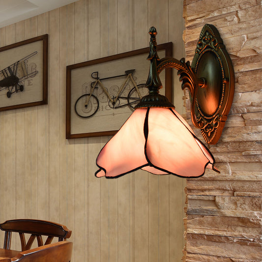 Pink Flower Wall Sconce Lamp Country Stained Glass 1 Light Wall Lamp for Bedroom Clearhalo 'Industrial' 'Middle century wall lights' 'Tiffany wall lights' 'Tiffany' 'Wall Lamps & Sconces' 'Wall Lights' Lighting' 174050