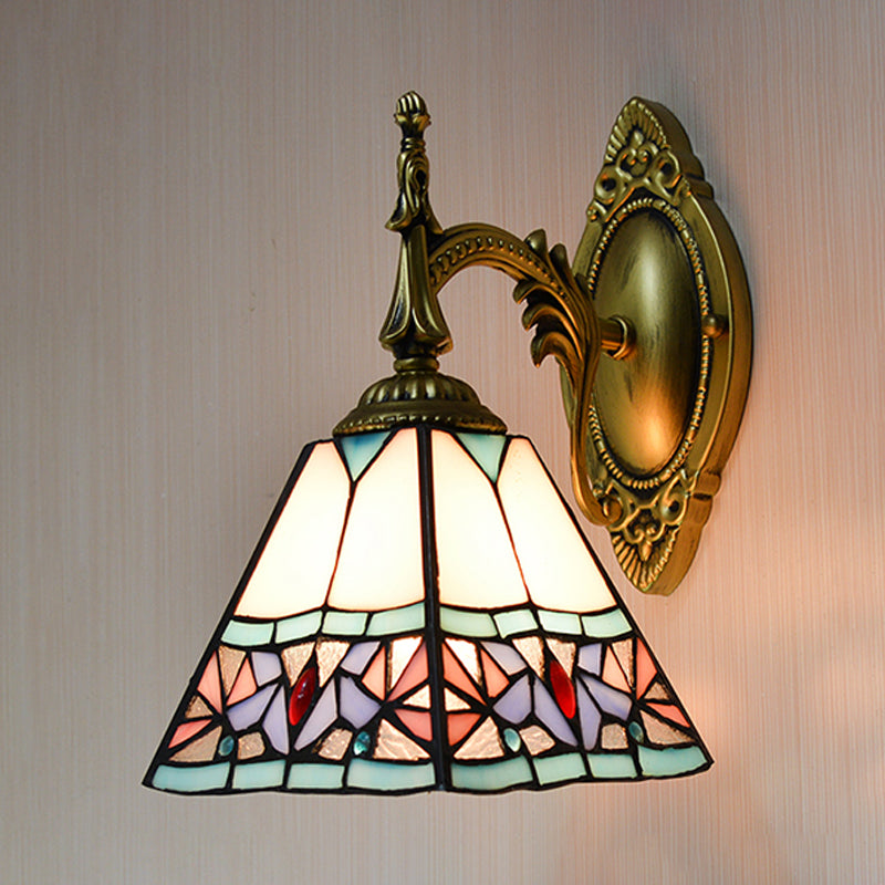 Conical Wall Mount Light Stained Glass 1 Light Tiffany Art Deco Wall Lighting in Pink for Bedroom Pink Clearhalo 'Industrial' 'Middle century wall lights' 'Tiffany wall lights' 'Tiffany' 'Wall Lamps & Sconces' 'Wall Lights' Lighting' 174057